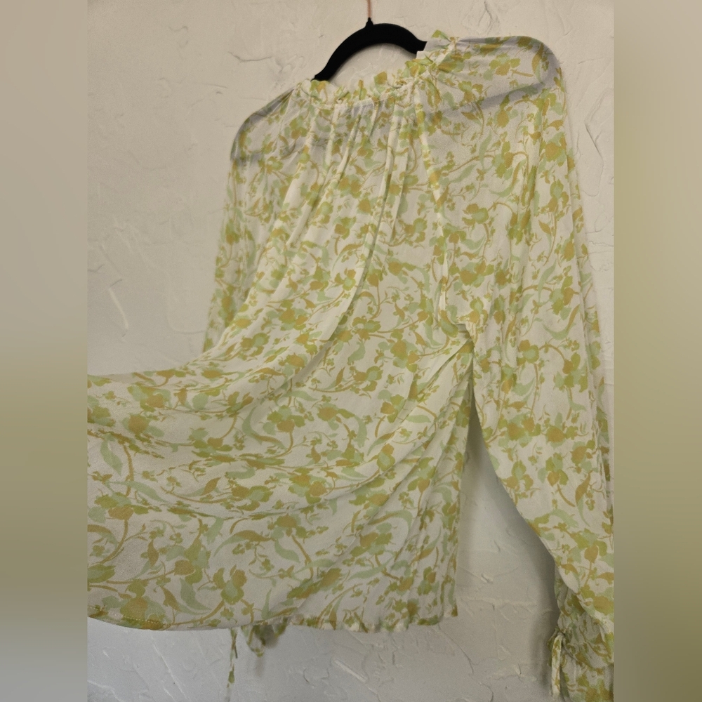 Anthro Aureta Floral Green Yellow White Flowy Top, L - Picture 9 of 12
